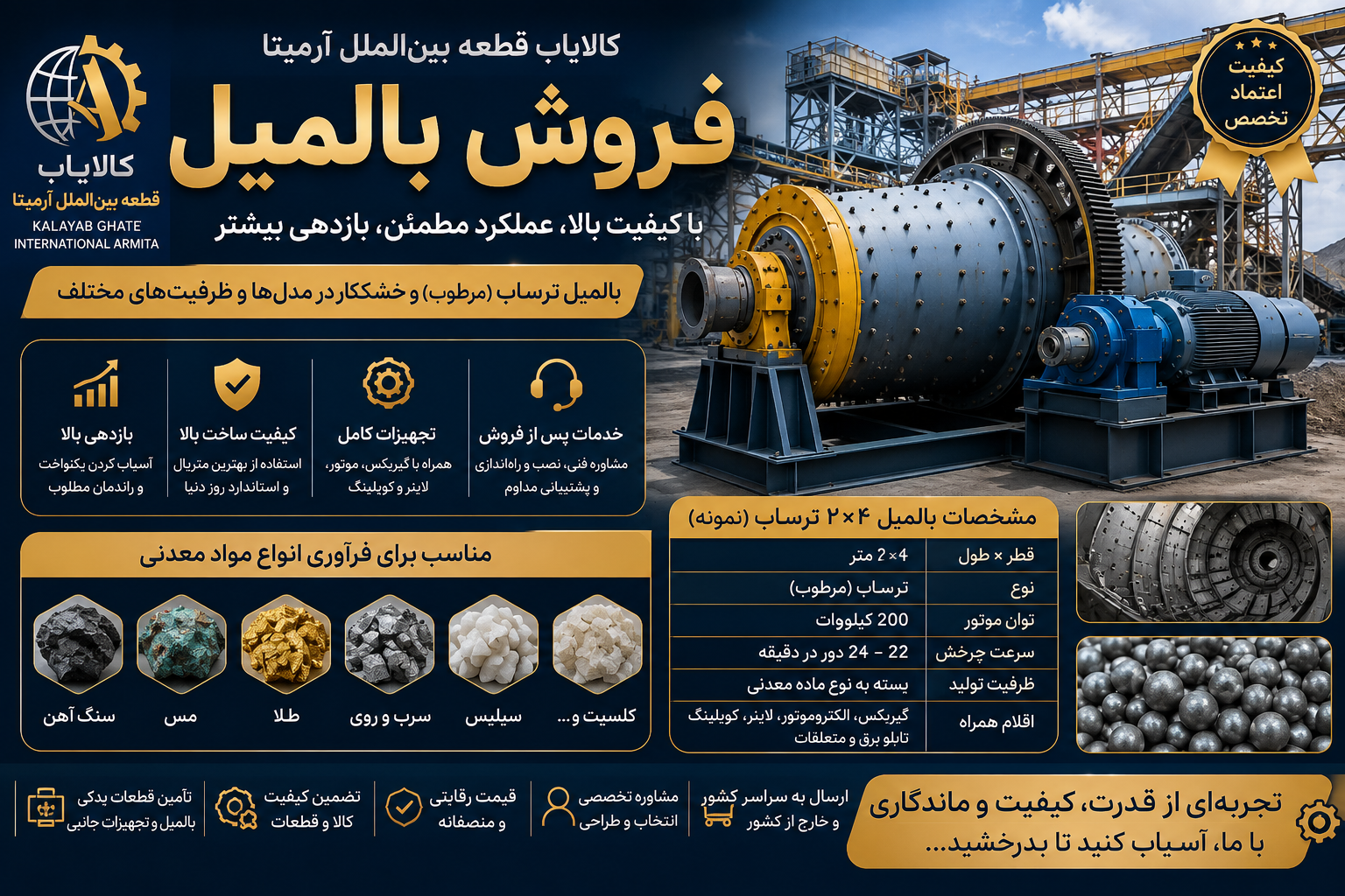 بالمیل آسیاب گلوله‌ای صنعتی در ابعاد مختلف